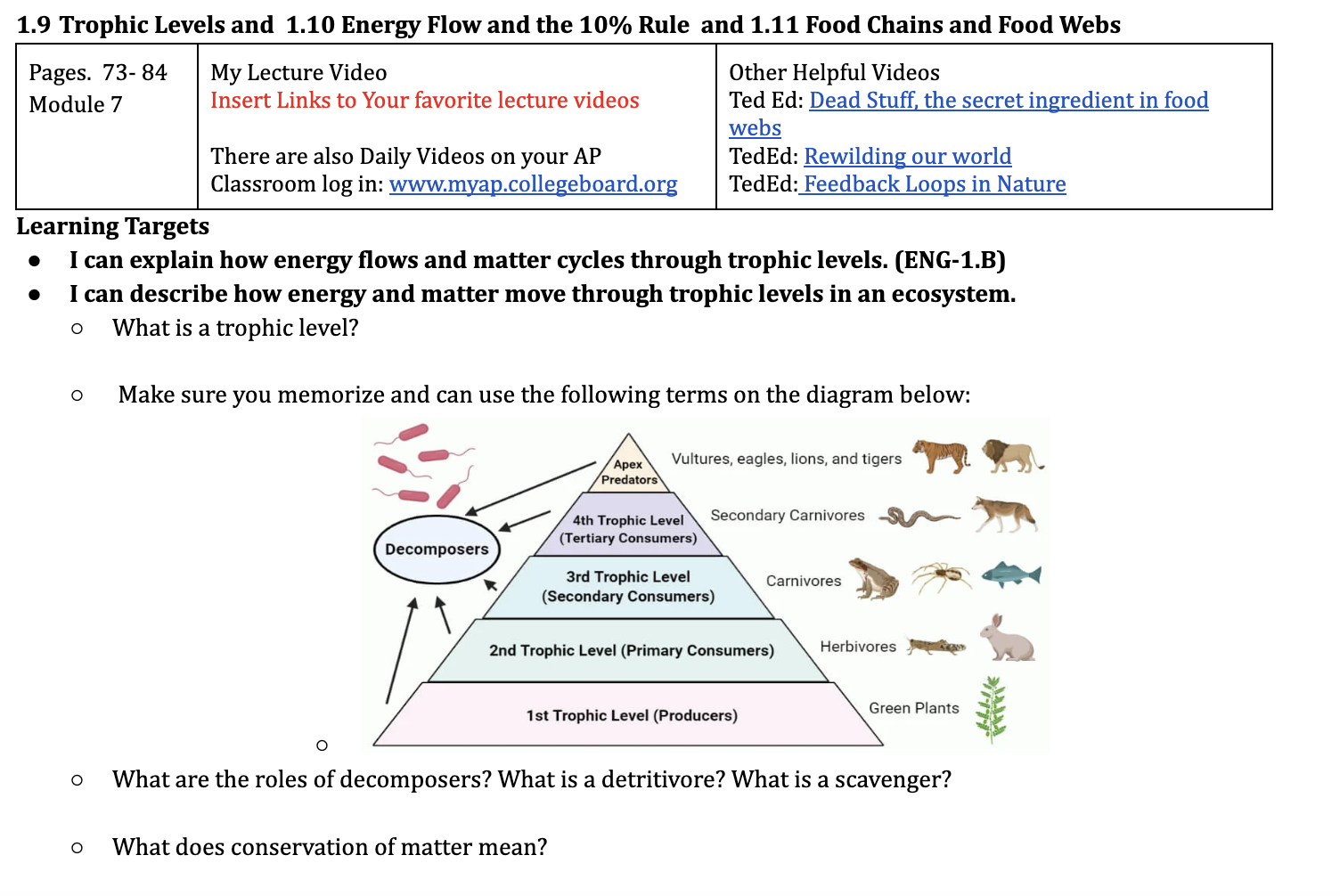 Unit 1 Learning Targets Guide for AP® Environmental Science (Learning ...